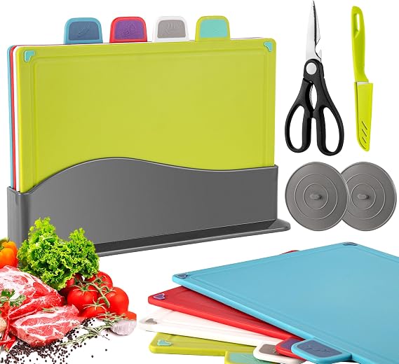 Index Chopping Board Set of 4, Plastic Cutting Boards with Stand, Non Slip Color Coded Chopping Boards for Kitchen, Dishwasher Safe