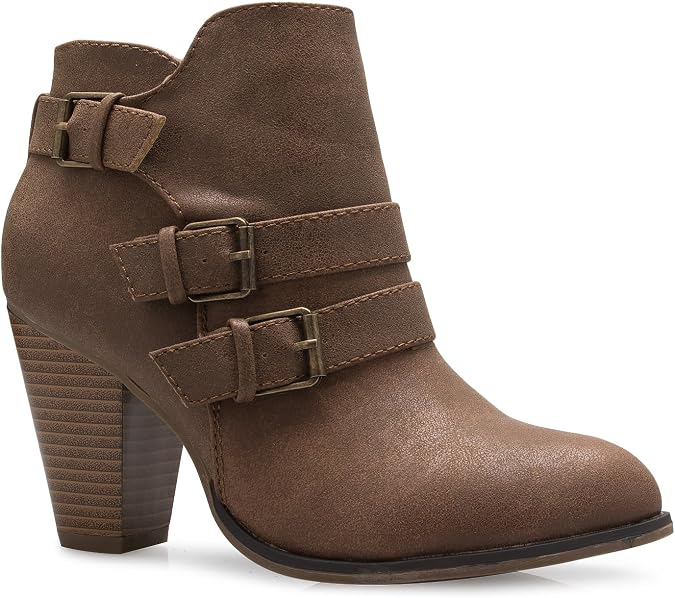 Olivia K Women's Classic Stacked Wood heel with Side Zipper Enclosure - Adjustable Ankle Straps with Buckle