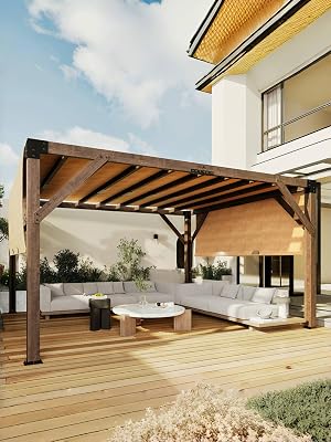 12 X 14 Ft Wood Pergola with Retractable Sunshade Canopy, Solid Structure, Outdoor Pergola for Backyard, Deck, Garden Reddish-Brown