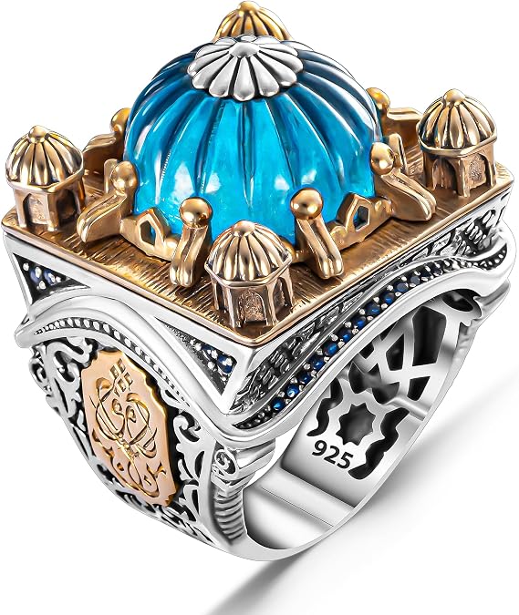 Islamic Mosque Ring Solid 925 Sterling Silver Aquamarine Stone Muslim Men's Ring Religious Handmade