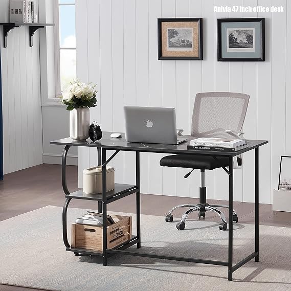 Anivia Gaming Computer Desk, Small Home Office Desk with 2 Storage Shelves, 47" Writing Desks Industrial Simple Style Wood Table Metal Frame for PC Laptop Notebook(Black) (47-B)