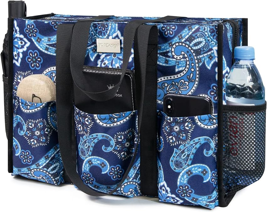 TOPDesign Utility Water Resistant Tote Bag with 13 Pockets, Zipper Closure