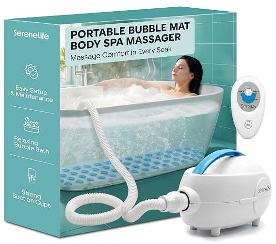 SereneLife Portable Spa Bubble Bath Massager - Waterproof Non-Slip Mat with Suction Cup Bottom, Motorized Air Pump and Adjustable Bubble Settings, Remote Control Included, 47" x 14"