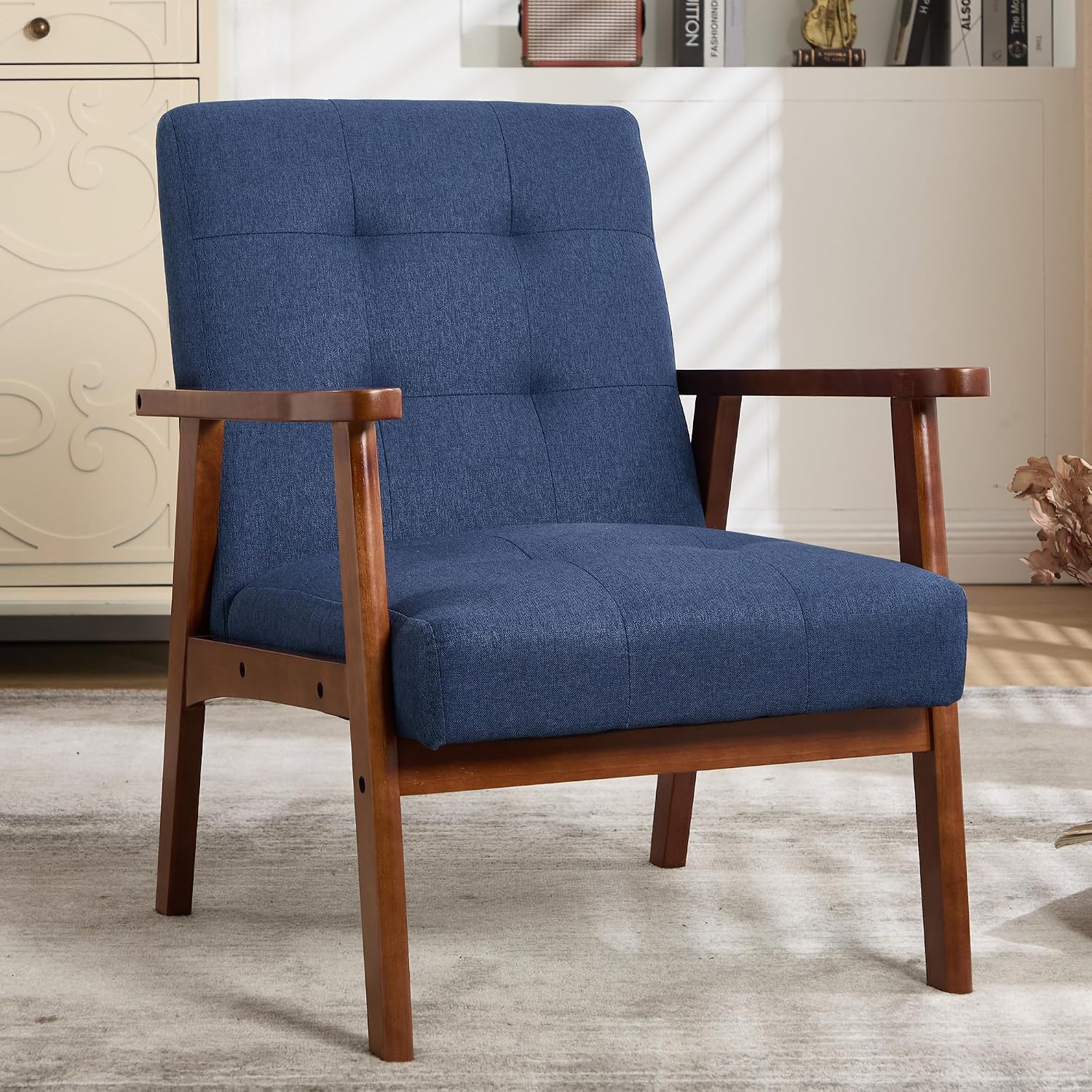 EBELLO Mid Century Accent Chair, Solid Wood Frame Lounge Chair with High-Resilience Thick Cushion, Upholstered Linen Fabric Armchair with Tufted Back for Living Room, Bedroom, Study, Dark Blue