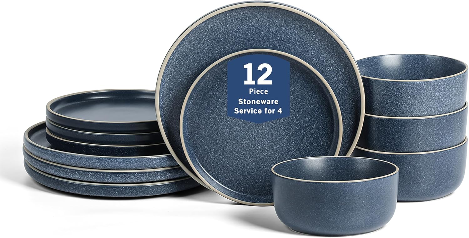 Earth & Clay Amber 12-Piece Dinnerware Set Stoneware, Dishwasher and Microwave Safe Plates and Bowls Set, Dish Set for 4, Blue