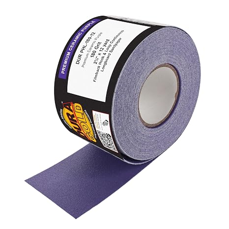 Dura-Gold Premium 180 Grit Purple Film Ceramic Longboard Sandpaper, 2-3/4" Wide Continuous 12 Yard Roll - Hook & Loop Backing for Auto & Woodworking Air File Long Board Sanders, Hand Sanding Blocks