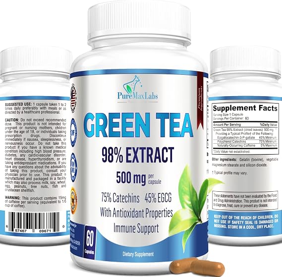 YUMMYVITE Green Tea Extract 98% - 3X Strength, 75% Polyphenol Catechins, 45% EGCG, Super Antioxidant - 60 Capsules