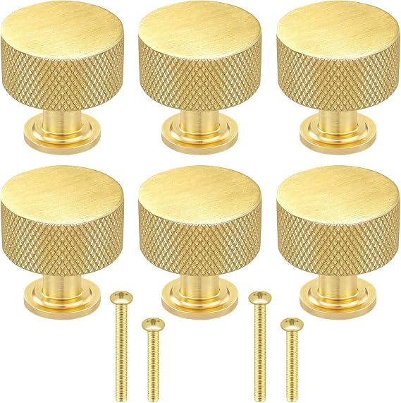 6 Pack Brushed Brass Cabinet Knobs, 1.1" (28mm) Round Gold Drawer Pulls Modern Handles for Kitchen Cabinet, Bathroom Dressers