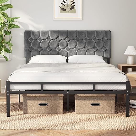 KUTAS Bed Frame, 135x190 cm, with LED Lights and Charging Station, Metal Bed Frame with Soft and Storage Headboard, 14 Metal Slats, No Box Spring Required, Under-Bed Storage Space, Gray