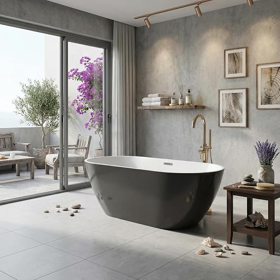 Freestanding Bathtub 59 inch, Acrylic Freestanding Bathtub 59 inch with Overflow and Extendable Drain, Acrylic Stand Alone Tub, Modern Free Standing Tub for Bathroom