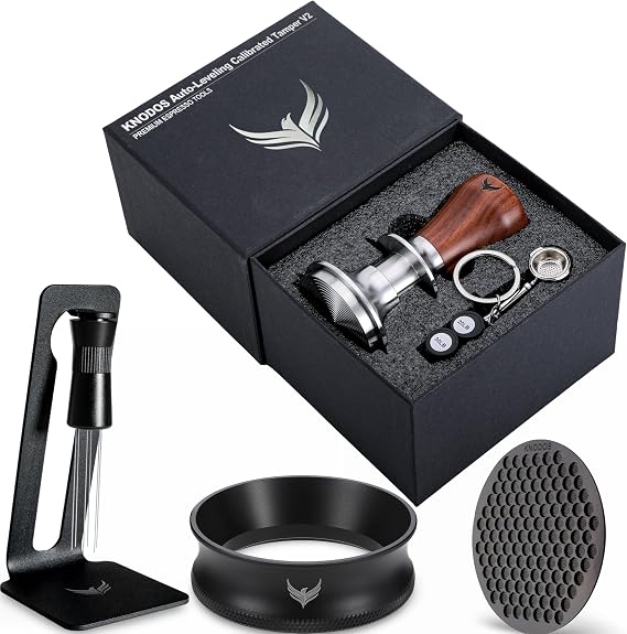 51mm Espresso Accessories Kit Includes Spring Loaded Calibrated Tamper, Stainless Steel WDT Tool, Dosing Funnel and Puck Screen Set Fits Espresso Coffee Machines and 51 mm Portafilters