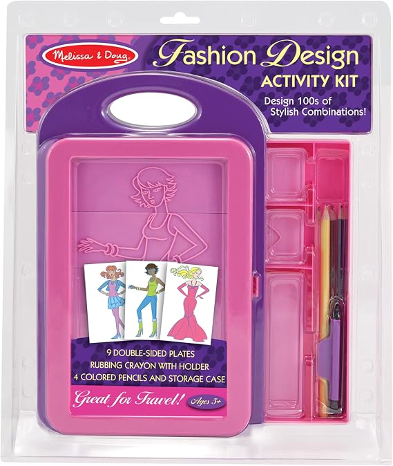 Melissa & Doug Fashion Design Art Activity Kit - 9 Double-Sided Rubbing Plates, 4 Pencils, Crayon - Fashion Plates, Travel Toys for Kids Ages 5+