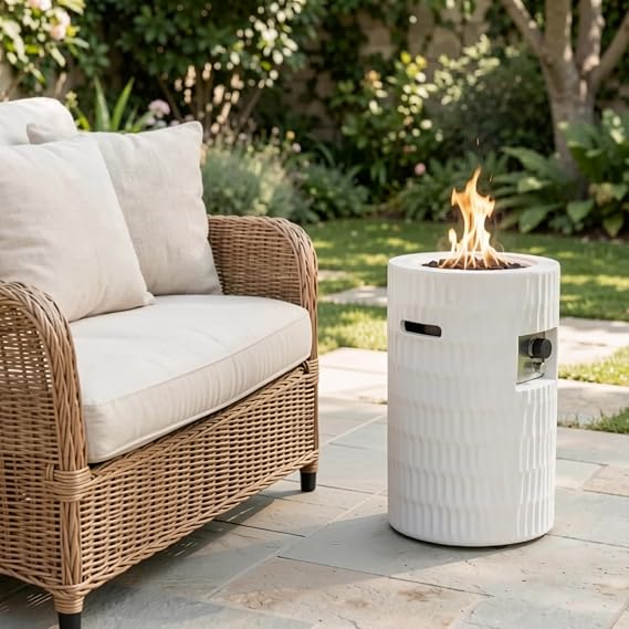 16.5 Inch Propane Column Fire Pit, 40,000 BTU Concrete Fire Pit Table, Round Gas Fire Pit for Outdoor, Modern Patio Heater, Propane Fire Pit for Backyard, Beach, Camping,Beige