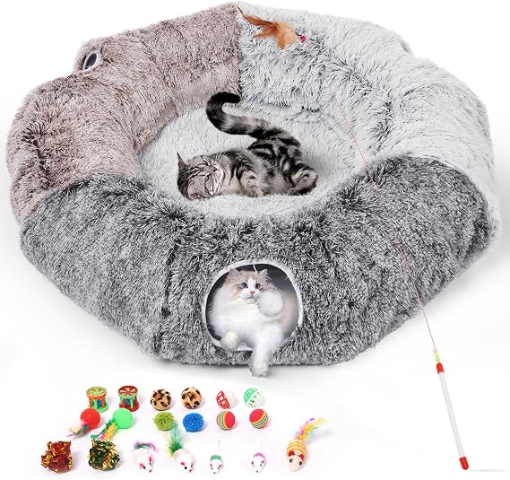 Odoland Extra Large Cat Doughnut Bed Tunnel, Multifunctional Cat Tunnels Foldable Pet Play Tunnels with Ball & Peek Holes, 20 Pcs Interactive Toy for Indoor Cats Kitten Puppies