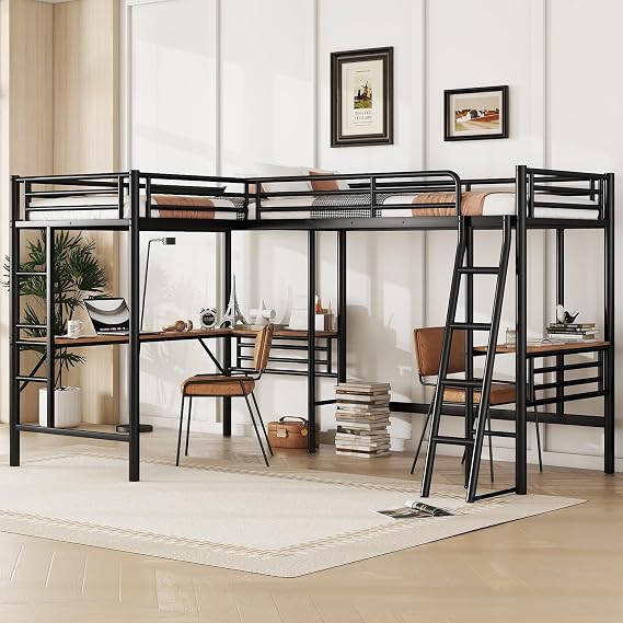 Twin Size L-Shaped Loft Bed with 2 Built-in Desks, Metal Corner Loft Bed Frame with 2 Ladders and Safety Guardrail