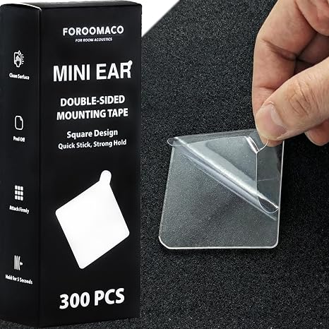 FOROOMACO Double-Sided Adhesive Squares for Acoustic Foam Panels, 300pcs Easy Peel-Tab Mounting Squares, No Residue Removable Tabs, Mini Ear