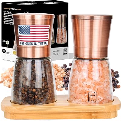 Premium Salt and Pepper Grinder Set with Bamboo Holder - 6 oz, Copper Stainless Steel - S&P Spice Shakers - Refillable & Adjustable Coarseness Hand Mill for Spices & Seasonings - by PJC-Kitchen