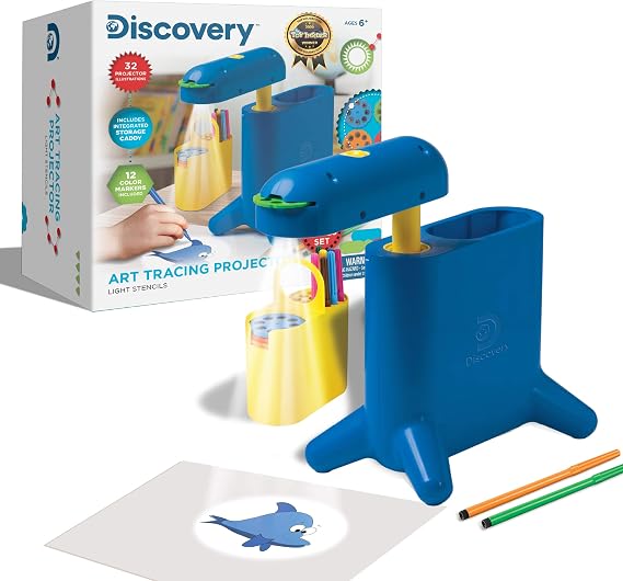 DiscoveryTM Art Tracing Projector Kit - 32 Stencils, 12 Markers, 20 Paper Sheets Included| Portable Arts & Crafts Activity Set| Doodle & Sketch Art Supplies| Kids Drawing Toy| Boys Girls Gift| Ages 6+