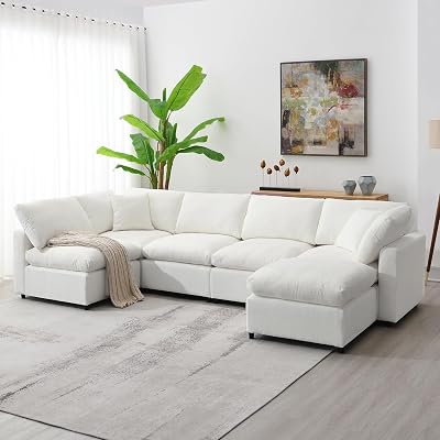 130 U Shape Cloud Couches, Modular Sectional Sofa Couch with Ottoman, Comfy Oversized 6 Seater Sofa with Reversible Chaise, Cloud Sectional Couches for Living Room Apartment White