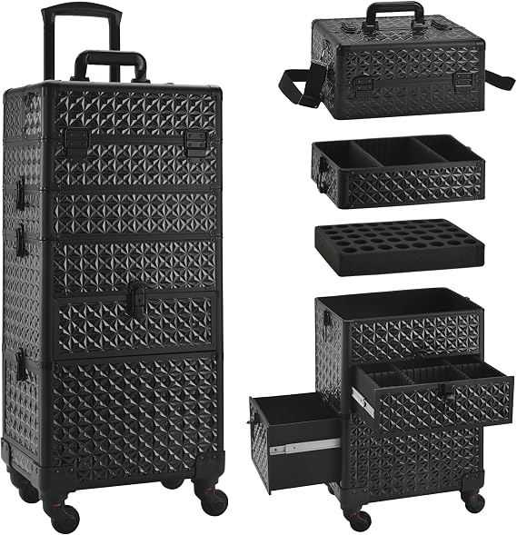 Makeup Train Case with Drawer, Rolling Makeup Case, Cosmetology Case on Wheels, Gift, Large Makeup Case Organizers, Professional for Salon Barber, Nail, Tattoo, Black