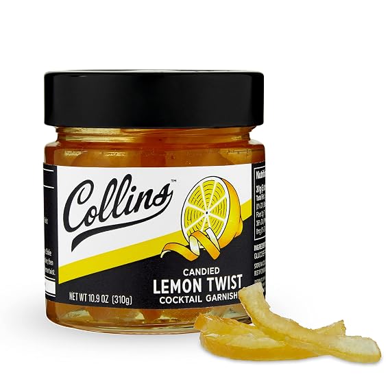 Collins Candied Lemon Twist Cocktail Garnish, Sweet Lemon Peel in Syrup for Skinny Margaritas, Limoncello, Citrus Peel Perfect for Lemons Drop, Home Bar, Tea, Desserts and Baking, 10.9 oz
