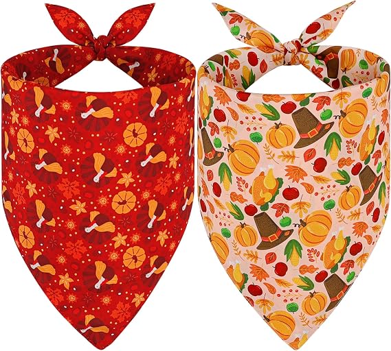 SZEE Thanksgiving Dog Bandanas - 2 Pcs Holiday Pet Accessories with Pumpkins, Turkeys & Hats, Dog Thanksgiving Bandanas for Festive Harvest Days (X-Large, Red & Pink)