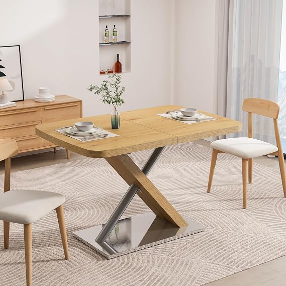47''-63'' Extendable Dining Room Table for 4-6 People, Modern Farmhouse Kitchen Tables, Cross Metal Base and Stainless Steel Tubing, Natural