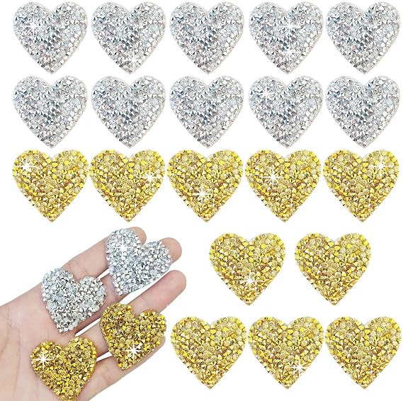 20 Piece Heart Rhinestone Patches Appliques Iron on Patches Gold Clothing Decoration Glitter Rhinestone Applique for DIY Craft Fabric,Jackets, Shirts,Clothing Repair,1.4x1.4inch