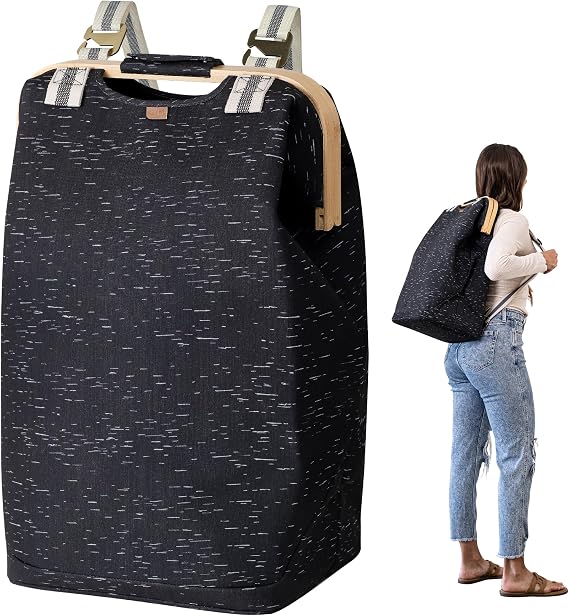 CleverMade Collapsible Laundry Backpack Hamper - Black Birch 45L / 12 Gal 30 lbs - Space Saving Storage Organizer with Strap Home Organization
