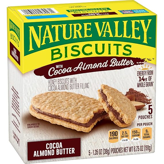 Nature Valley Biscuits Cocoa Almond Butter, Breakfast Biscuits with Nut Filling, 5 Pouches, 1.35 oz