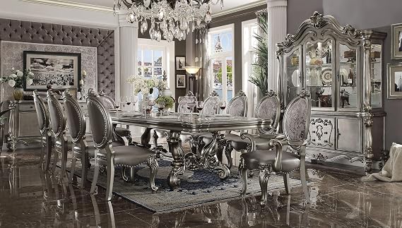 Antique Platinum 10-Person Solid Wood Extendable Dining Set - Formal Dining Table with 1 Extension, 10 Side Chairs, 2 Arm Chairs, Buffet & Hutch
