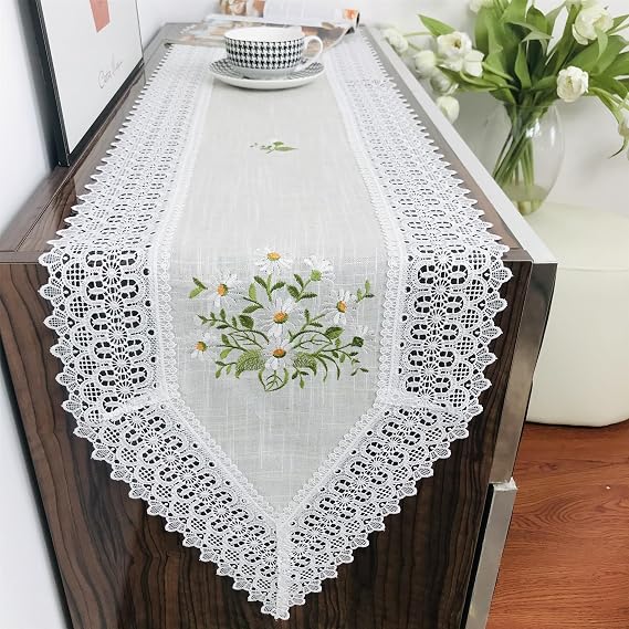 Lace Floral Embroidery Table Runner Washable 14x67 Inches | Elegant Durable Easy-to-Clean Everyday Special Occasions Festive Gatherings Decorative Dining Party Wedding Banquet