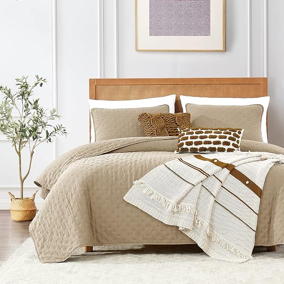 ROARINGWILD Beige Cloud Twin Size Quilt Bedding Sets with Pillow Sham, Farmhouse Lightweight Soft Bedspread Coverlet, All Season Rustic Country Thin