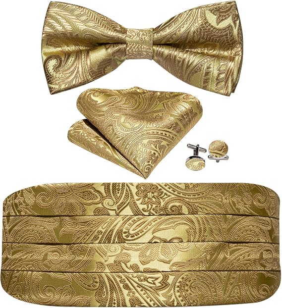 Barry.Wang Men Cummerbund Pretied Bowtie Handkerchief Cufflink Set Tuxedo