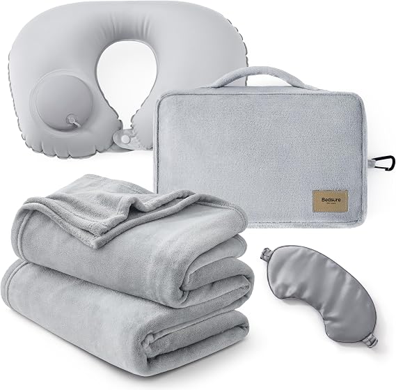 Bedsure Travel Blanket Set with Inflatable Neck Pillow and Eye Mask, Grey