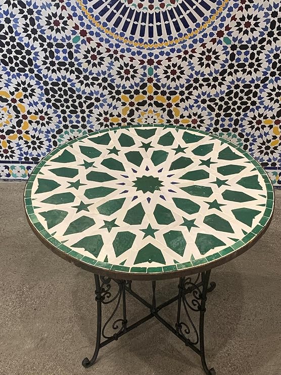 Moroccan Intricately Designed Round Tile Table Top with Foldable Base