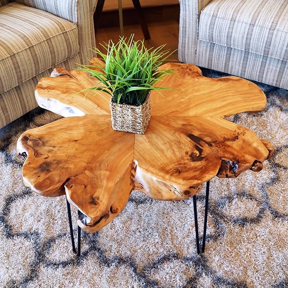 WELLAND Flower-Shaped Live Edge Cedar Coffee Table 32" W x 32" D x 20.5" H | Inspired by the graceful form of a flower, each handcrafted tabletop is uniquely shaped by nature