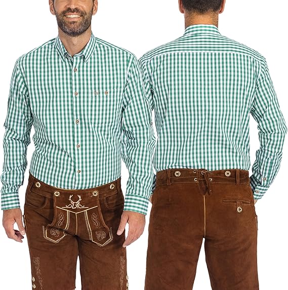 BAVARIA TRACHTEN German Oktoberfest Shirts for Men - Authentic German Lederhosen Shirt Men - Original Bavarian Shirt for Lederhosen Outfit - Checkered Green - Classic - Size S