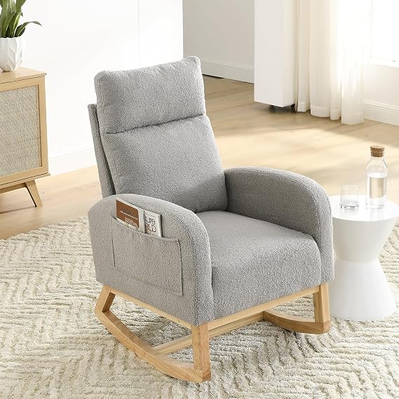 Rocking Chair Nursery,Teddy Fabric Upholstered Baby Glider Rocker Chair,Comfy Accent Arm Chair with Side Pockets&Solid Wood Legs,Modern Nursing Single Sofa Chair for Living Room,Bedroom(Grey)