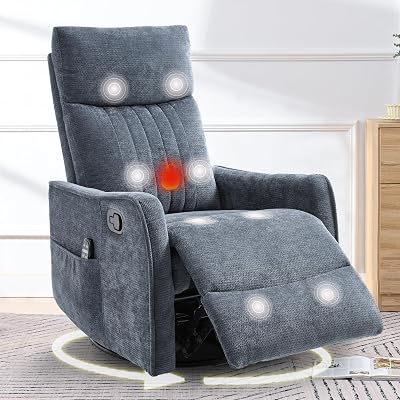 cinkehome Heated Massage Swivel Rocker Recliner Chair for Nursery - Small Space Reclining Chair with Lumbar Support, 360 Swivel & Gentle Rocking, Ergonomic High Back Chenille Fabric Blue
