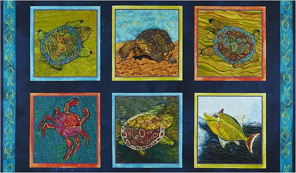 QT Fabrics Mosaic Turtles 24" Block Panel Navy, Fabric by The Yard