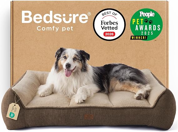 Bedsure Extra Thick Supportive XL Orthopaedic Dog Bed Sofa 106x76cm, Brown | Waterproof Washable Cover, Extra Large Pet Sofa Couch with Soft Plush Sherpa and Nonskid Bottom, Home Decor