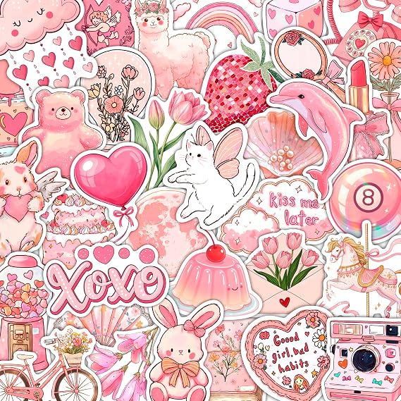 100Pcs Pink Aesthetic Stickers, Cute Girly Stickers - Coquette Decals for Water Bottles, Laptops - Preppy Aesthetic Stuff for Adults, Laptop Accessories, Coquette Gifts for Women, Y2K Things