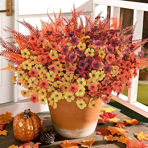 Artificial Fall Flowers for Outdoors, Fall Flowers Decor, 15Pcs Fake Mums | UV Resistant, Realistic Faux Mums and No Fade Ferns Indoor Outdoor Planters Home Garden Yard Porch Fall Decorations for Home