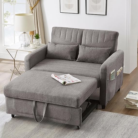 2-Seater Sofa Bed with Sleeping Function, Pull-Out Sofa with 3-Level Adjustable Backrest, Fold-Out Sleeper Couch, Modern Cotton-Linen Lounge Sofa for Living Room & Guest Room, Deep Grey
