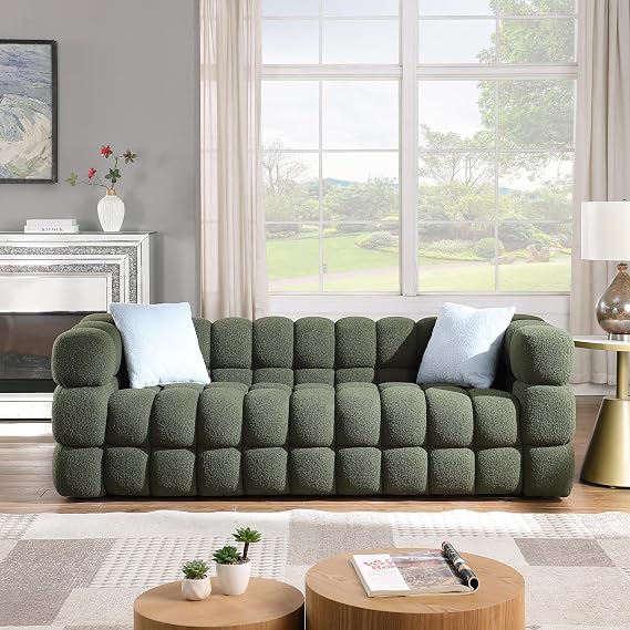 Boucle Sofa for Living Room, 3-Seater Marshmallow Style Sofa, 84.3" Length x 35.83" Depth, Human Body Structure Fit, Plush Boucle Living Room Couch