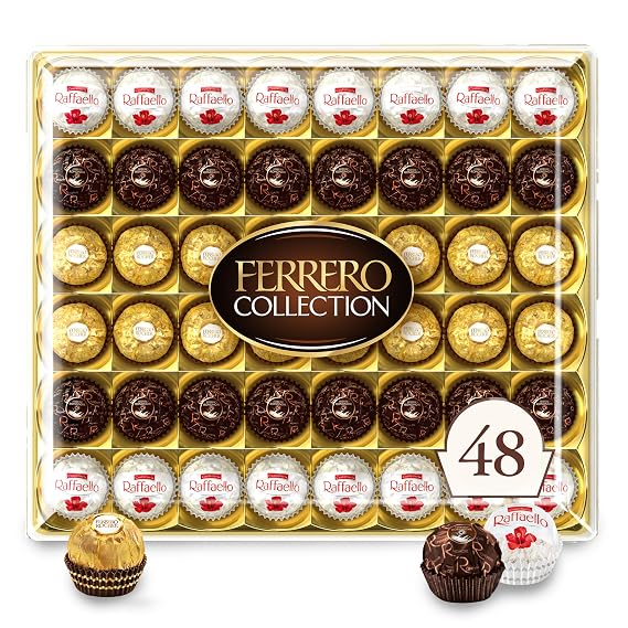 Ferrero Collection Gourmet Gift Box, 48 Assorted Chocolate with Dark Chocolate, Coconut, and Milk Chocolate, 18.2 oz | 6.1 oz, Dark Chocolate and Coconut, Treats