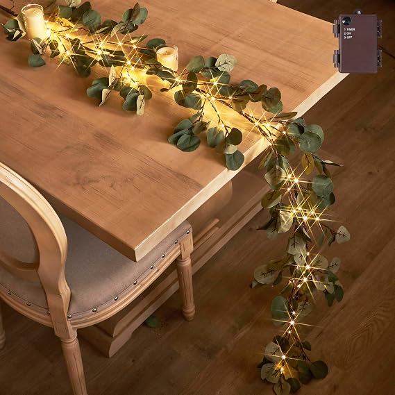 BAOLITVINE Lighted Eucalyptus Garland 6FT 96 LED Fairy Lights Battery Operated with Timer, Faux Greenery Vine Garland with Lights for Fireplace Wall Christmas Wedding Decoration