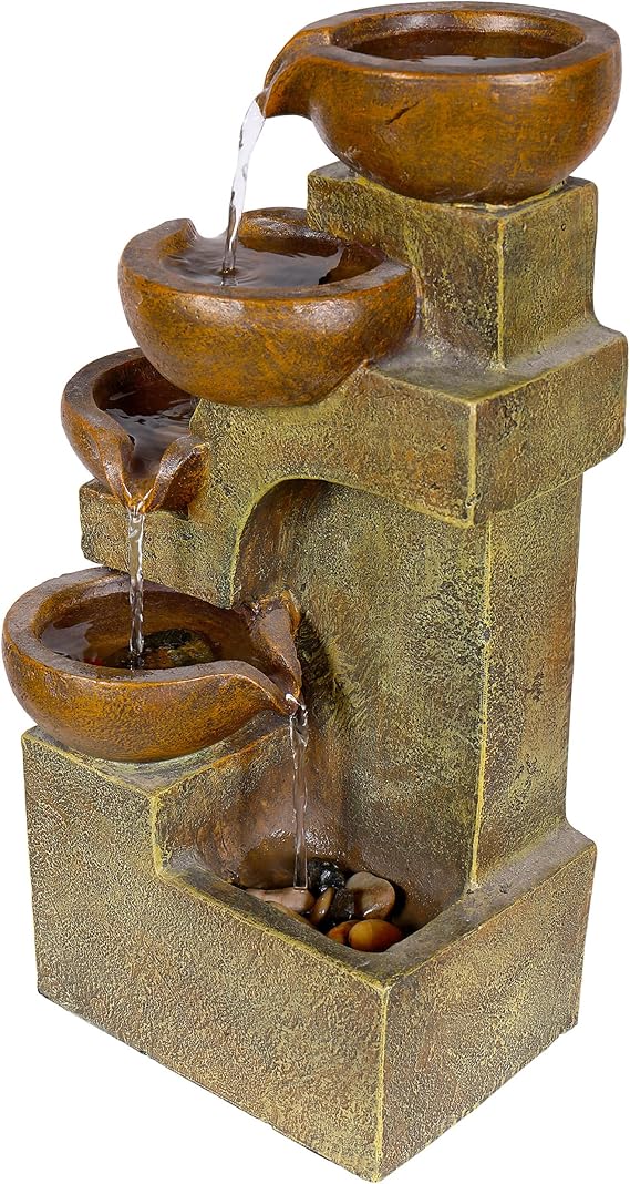 Alpine Corporation WCT726 | 16"H Indoor/Outdoor Tabletop Tiered Pouring Pots Waterfall Fountain Natural Stone-Look Finish Adds Rustic Charm Brown