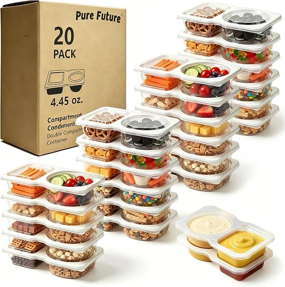 Pure Future 20-Pack Reusable Snack Containers with Lids, 2-Compartment Snackle Box Container for Meal Prep, Portion Control Snack Pack for Office, Travel & Gym, Microwave Safe (40 Pcs)
